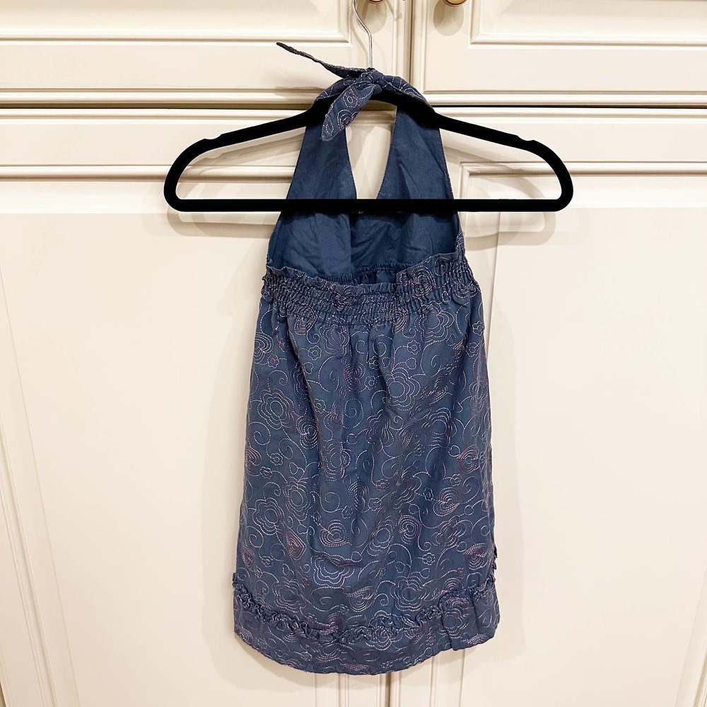 Penelope Mack Girls Blue Embroidered Halter Sun Dress Ruffle Trim Smocked‎ Back